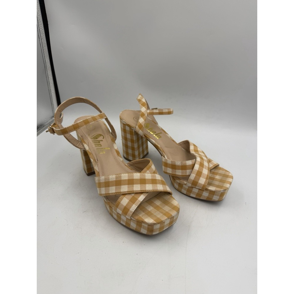 SHEIN Womens Orange White Gingham Strappy Ankle Strap Block Heel Synthetic 7